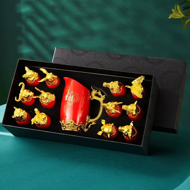 DecorBites™ Gold Twelve Animal Head Ceramic Wine Shot Glasses Set for Home Decoration