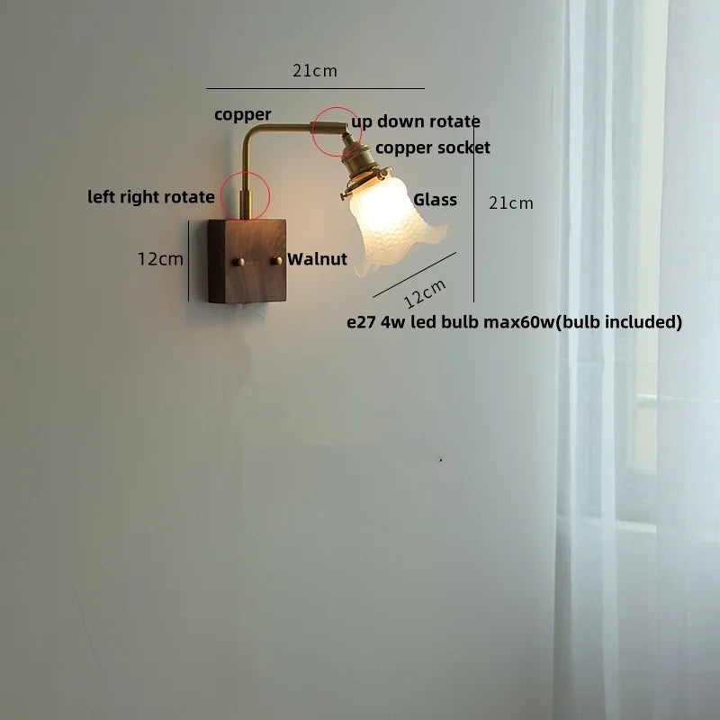 DecorBites™ Glass Pink LED Wall Sconce, Pull Chain Switch, Walnut Wood Bedside Lamp