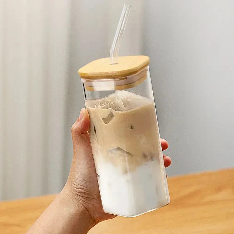 DecorBites™ Heat Resistant Glass Cup with Lid and Straw for Coffee, Milk, Tea, Juice