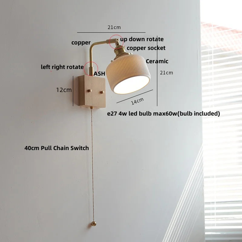 DecorBites™ Globe Ceramic LED Wall Lights Walnut Wood Sconce Rotatable Bedside Lamp