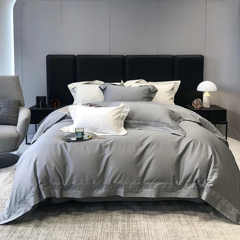 DecorBites™ Grey Hollow Lace 1000TC Egyptian Cotton Bedding Set with Wide Edge