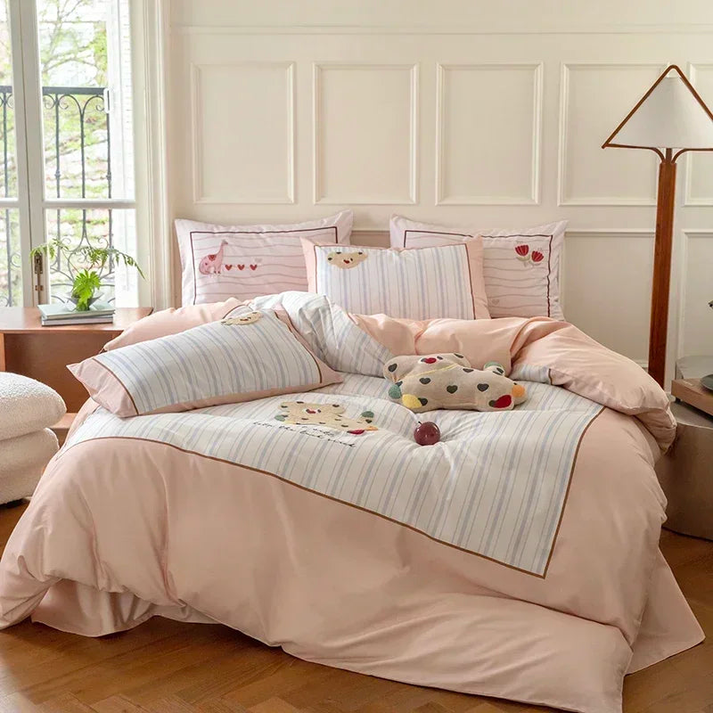 DecorBites™ Cotton Embroidered King Queen Bedding Set with High-Quality Duvet Cover Pillowcases