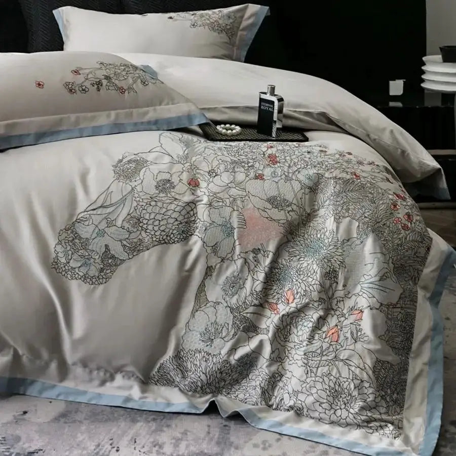 DecorBites™ Cotton Flowers Horse Embroidery Luxury Bedding Set - Duvet Cover, Bed Sheet, Pillowcases