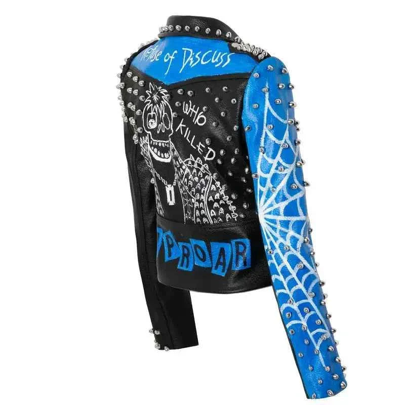 Faux Leather Jacket for Women Graffiti Print Punk Studded Slim Cropped Motorcycle Jackets