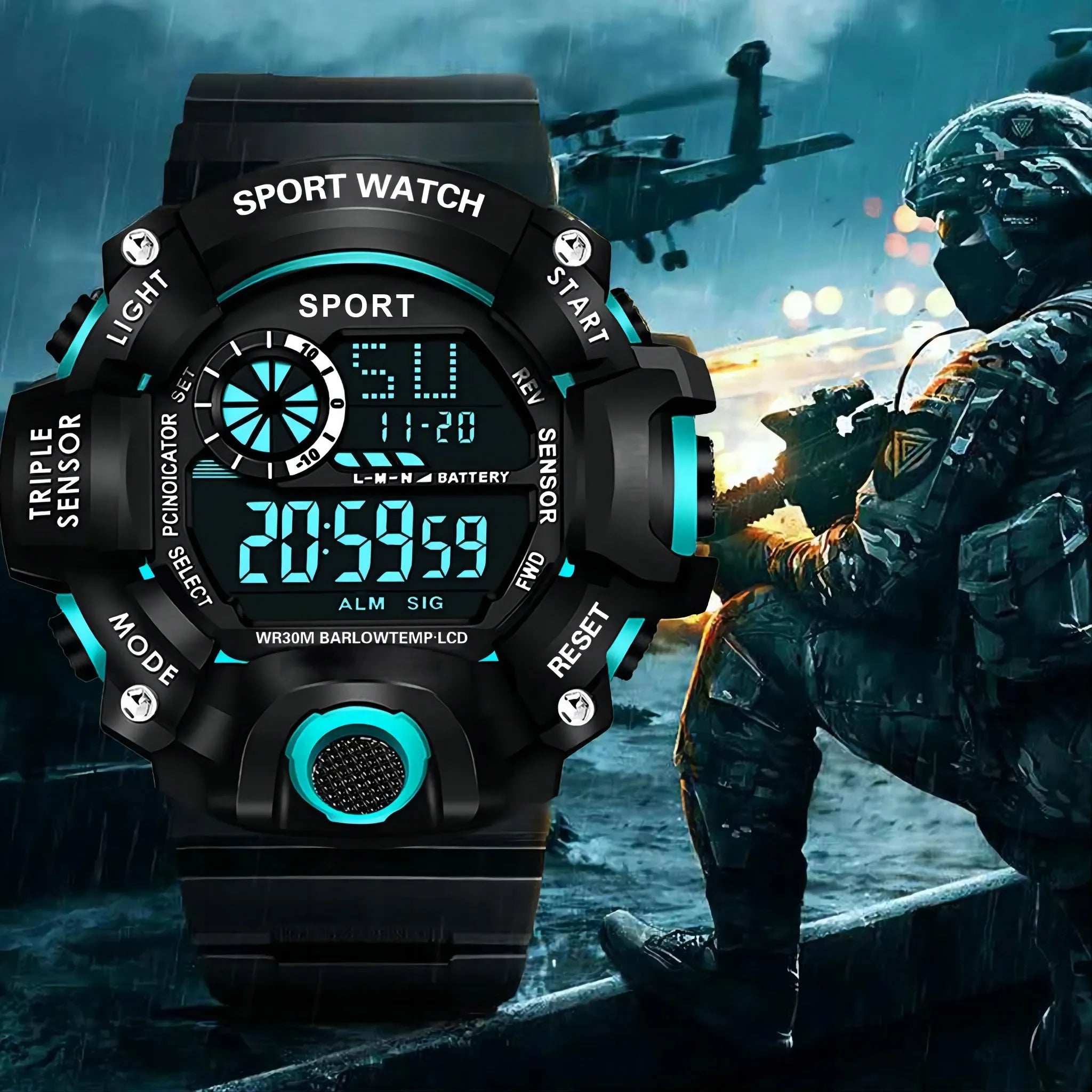 Men's Large Dial Digital Sports Watch – 55mm Waterproof Luminous Alarm Military Style