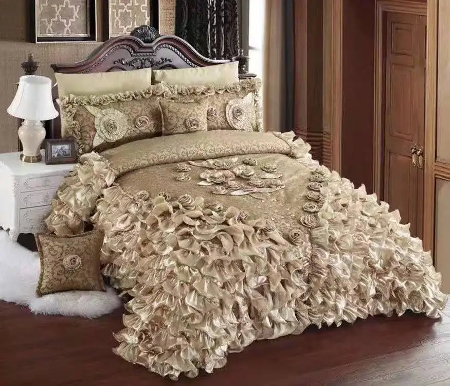 DecorBites™ Luxe Champagne Jacquard Lace Bedspread Set with Pillowcases