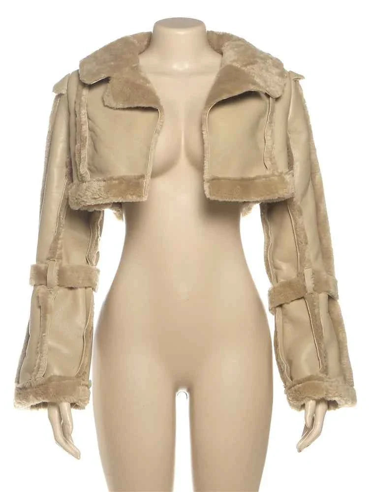 Furry Patchwork Women's Crop Jacket Warm Outwear Basic