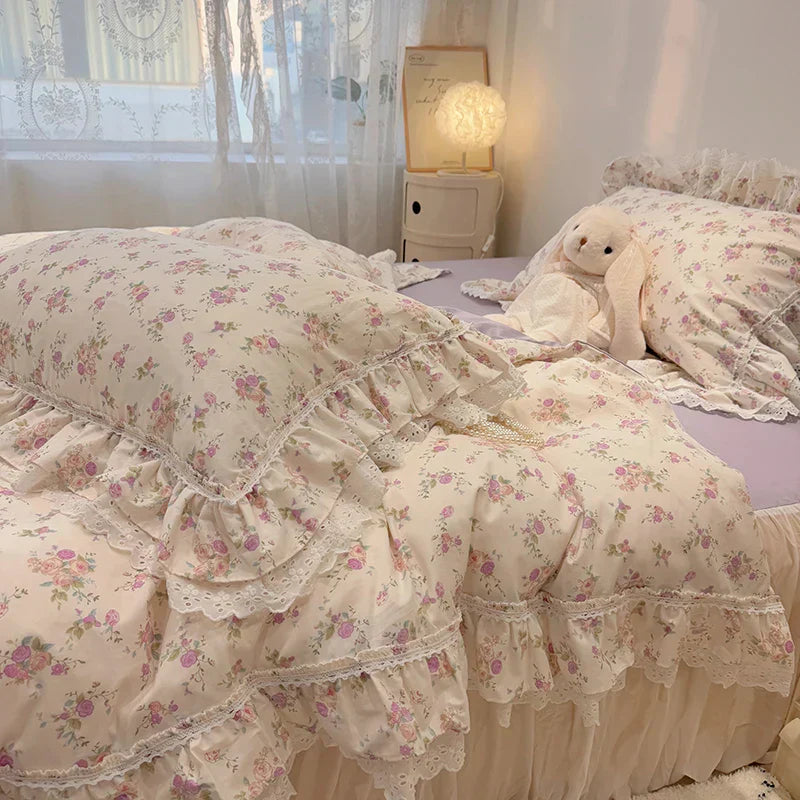 DecorBites™ Korean Princess Style Floral Lace Ruffles Bedding Set with Pillowcase