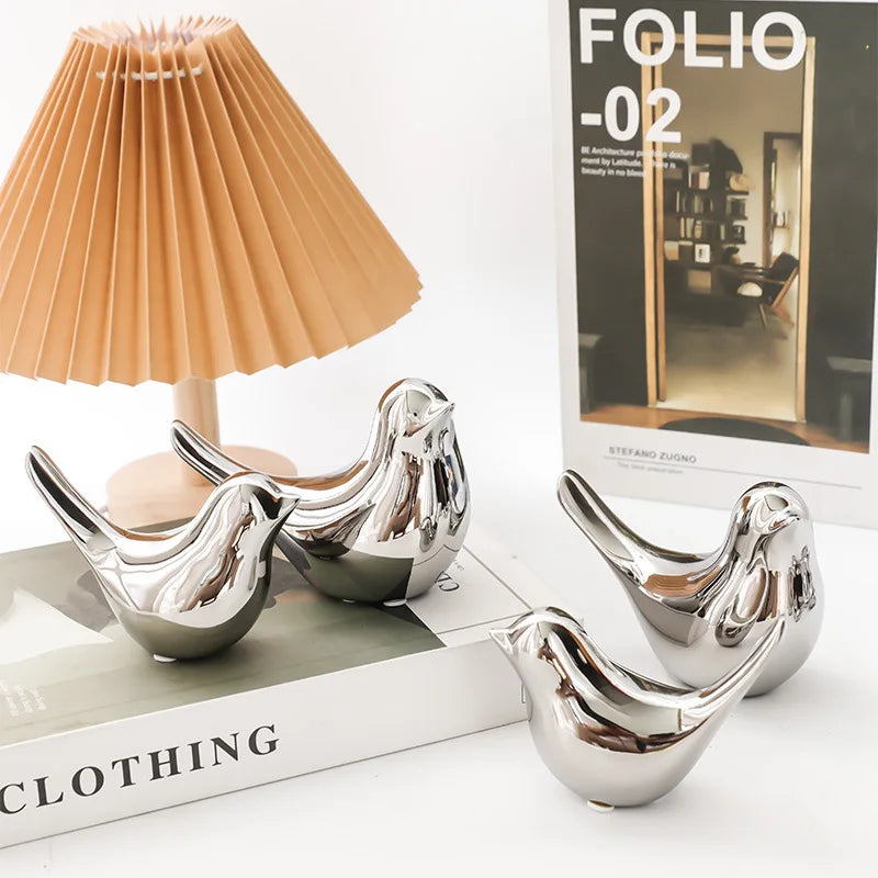 DecorBites™ Golden Silver Bird Figurines Modern Ceramic Statues - Home Decor Wedding Gifts