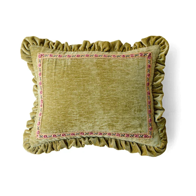DecorBites™ Luxe Chenille Ruffled Green Lumbar Pillow Cover 35x45