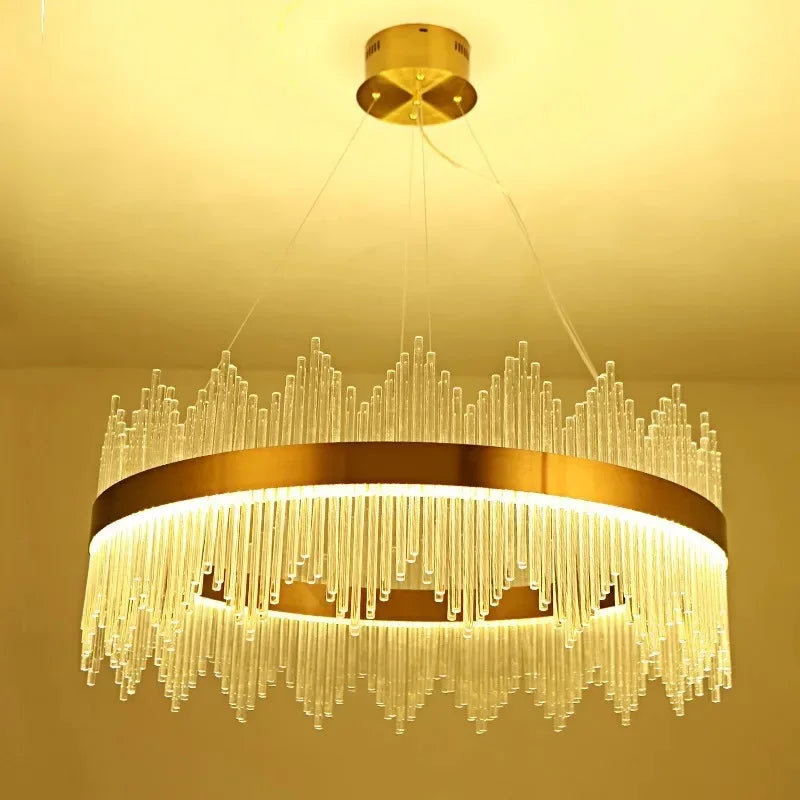 DecorBites™ Gold Crystal Chandelier: Dimmable Luxury Pendant Lamp for Bedroom, Living Room & Hotel