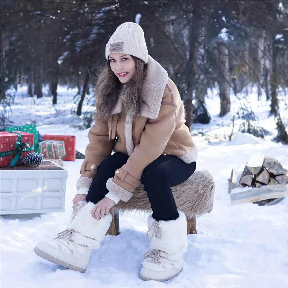 Faux Fox Fur Snow Boots Furry Warm Cotton Boots Female Outdoor Ski Boots