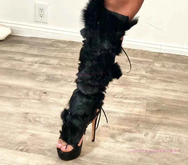 Long Plush Tassel Black Fur Women Fringe Thigh Boots