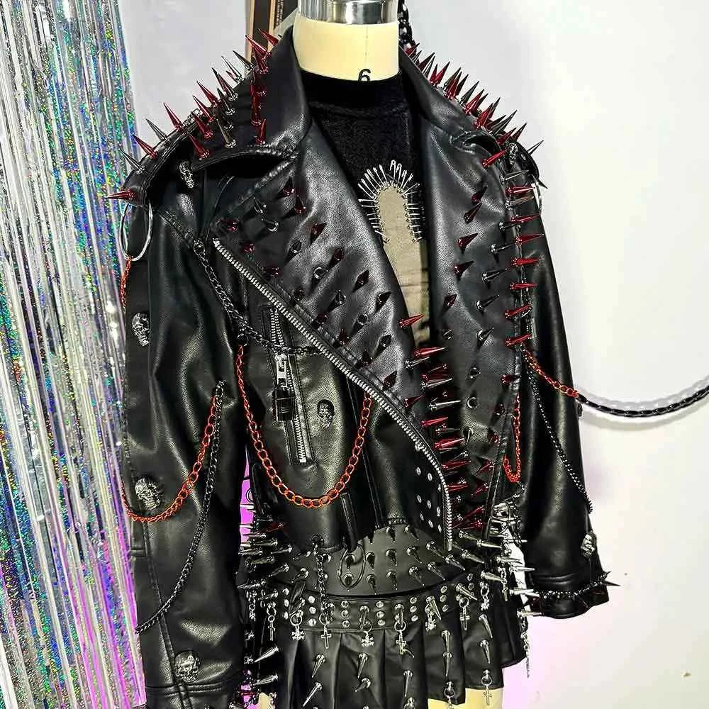 Women's PU Leather Skull Studded Jacket Vintage Hand Made Studded Rivet