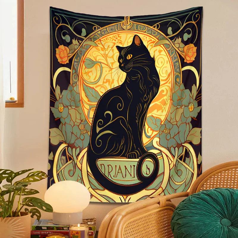 DecorBites™ Black Cat Tapestry Wall Hanging Art Nouveau Floral Boho Decor