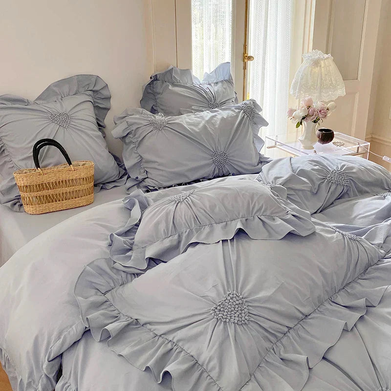 DecorBites™ Korean Princess Style Pure Cotton Bedding Set with Ruffles and Heart Pleat