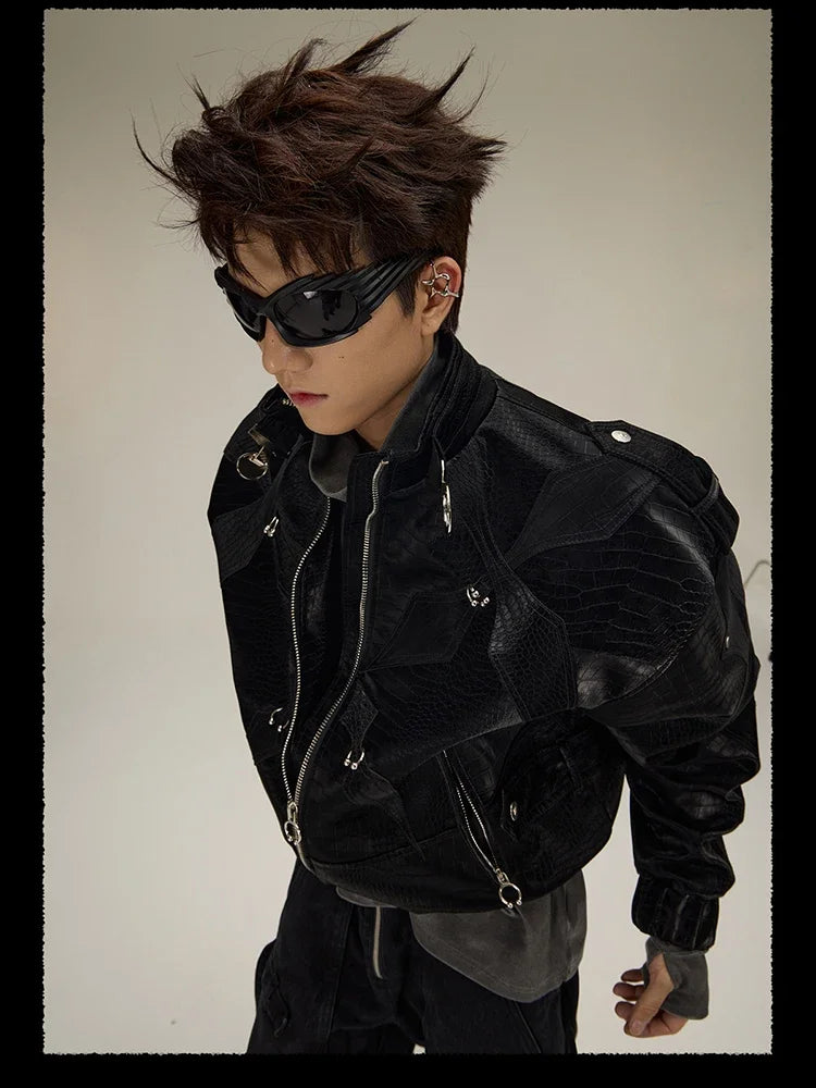 High Quality Crocodile Patchwork Pu Leather Coat Luxury Streetwear Men's Gothic Urban