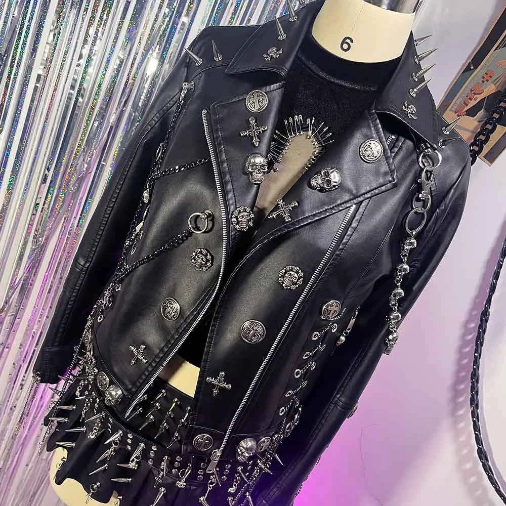 Women's Y2K Vegan Leather Skull Studded Rivets Jacket