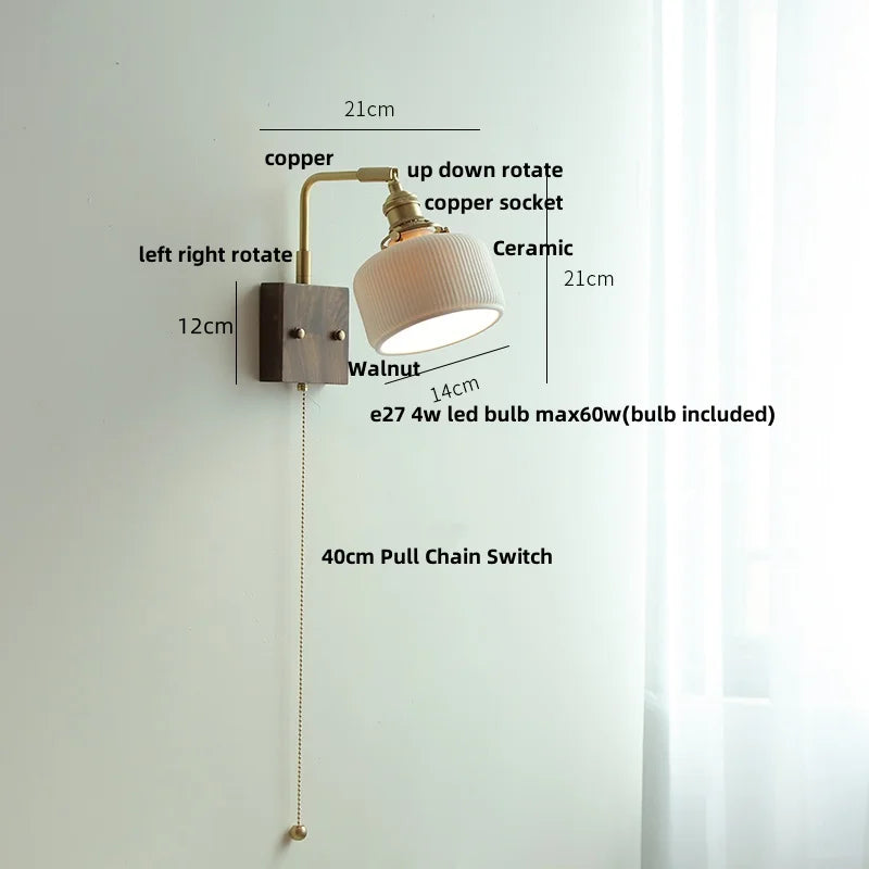 DecorBites™ Globe Ceramic LED Wall Lights Walnut Wood Sconce Rotatable Bedside Lamp