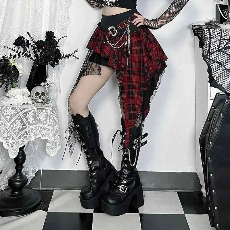 Punk Gothic Plaid Skirt Irregular Patchwork | MUNSIEUR