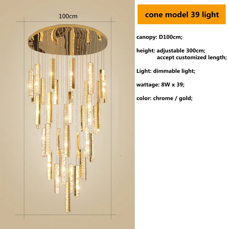 DecorBites™ Gold Chrome Steel Crystal Pendant Lights with Dimmable LED for Villa Stair