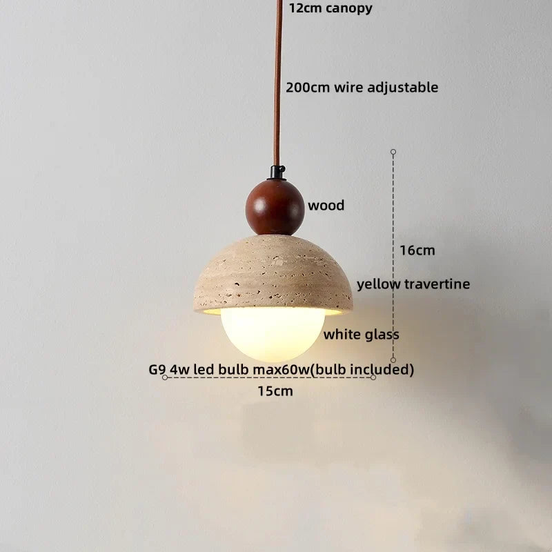 DecorBites™ Globe LED Pendant Light Yellow Travertine Stone White Glass Adjust Hang Lamp