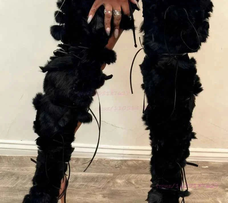 Long Plush Tassel Black Fur Women Fringe Thigh Boots