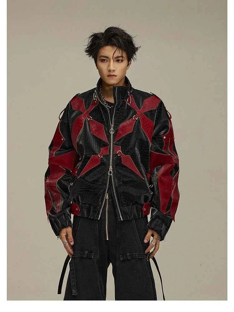 High Quality Crocodile Patchwork Pu Leather Coat Luxury Streetwear Men's Gothic Urban