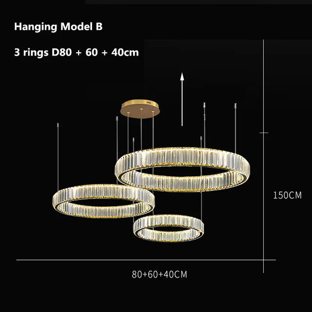 DecorBites™ Gold Crystal Round Ring Chandeliers with LED Pendant Light for Ceiling Lighting