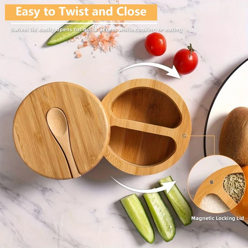 DecorBites™ Bamboo Seasoning Box with Spoon - Rotating Cover Spice Container