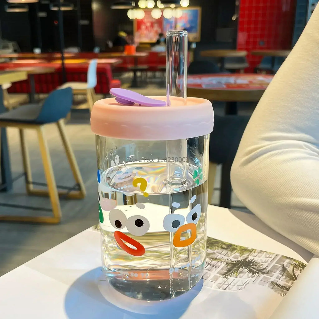 DecorBites™ Kawaii Glasses with Lid and Straw Bubble Tea Cup - 550ml Cute Drinkware