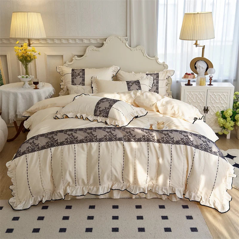 DecorBites™ Elegant Heart Embroidery Lace Princess Wedding Bedding Set