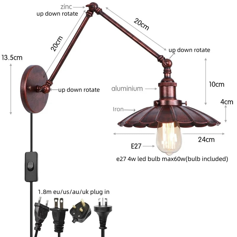DecorBites™ Gold Industrial LED Wall Lamp with Pull Chain Switch for Home Decor