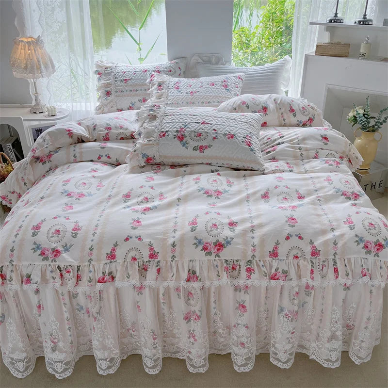 DecorBites™ French Floral Print Bedding Set: Duvet Cover, Lace Ruffles, Quilted Embroidery, Pillowcases