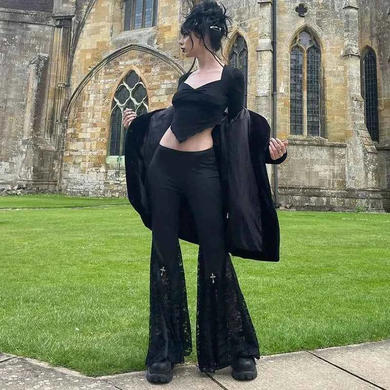 Goth Mall Flare Jeans Sexy Black Lace Patchwork High Waist Vintage Punk Grunge Streetwear