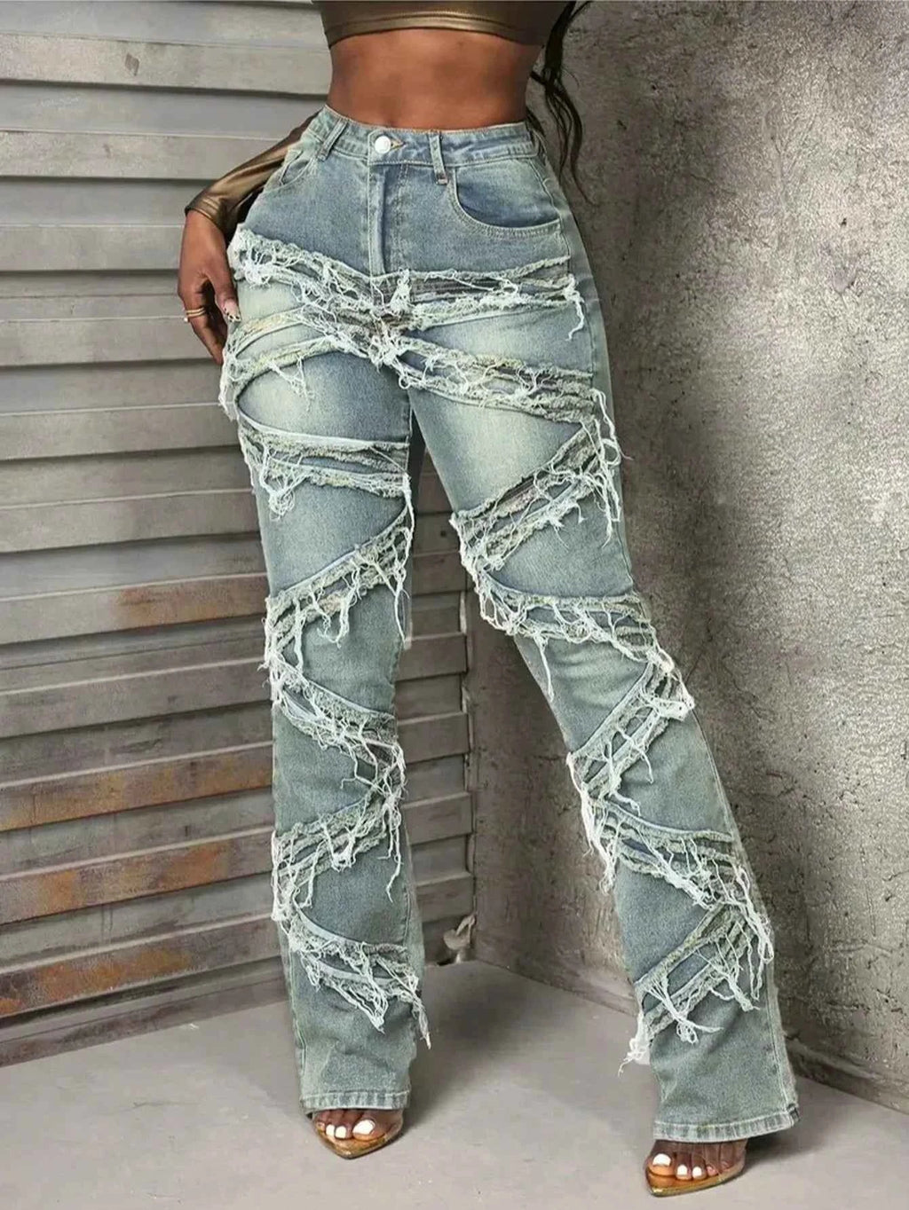 Y2K 90s Street Style Women's Vintage Fringed Distressed Flare Jeans