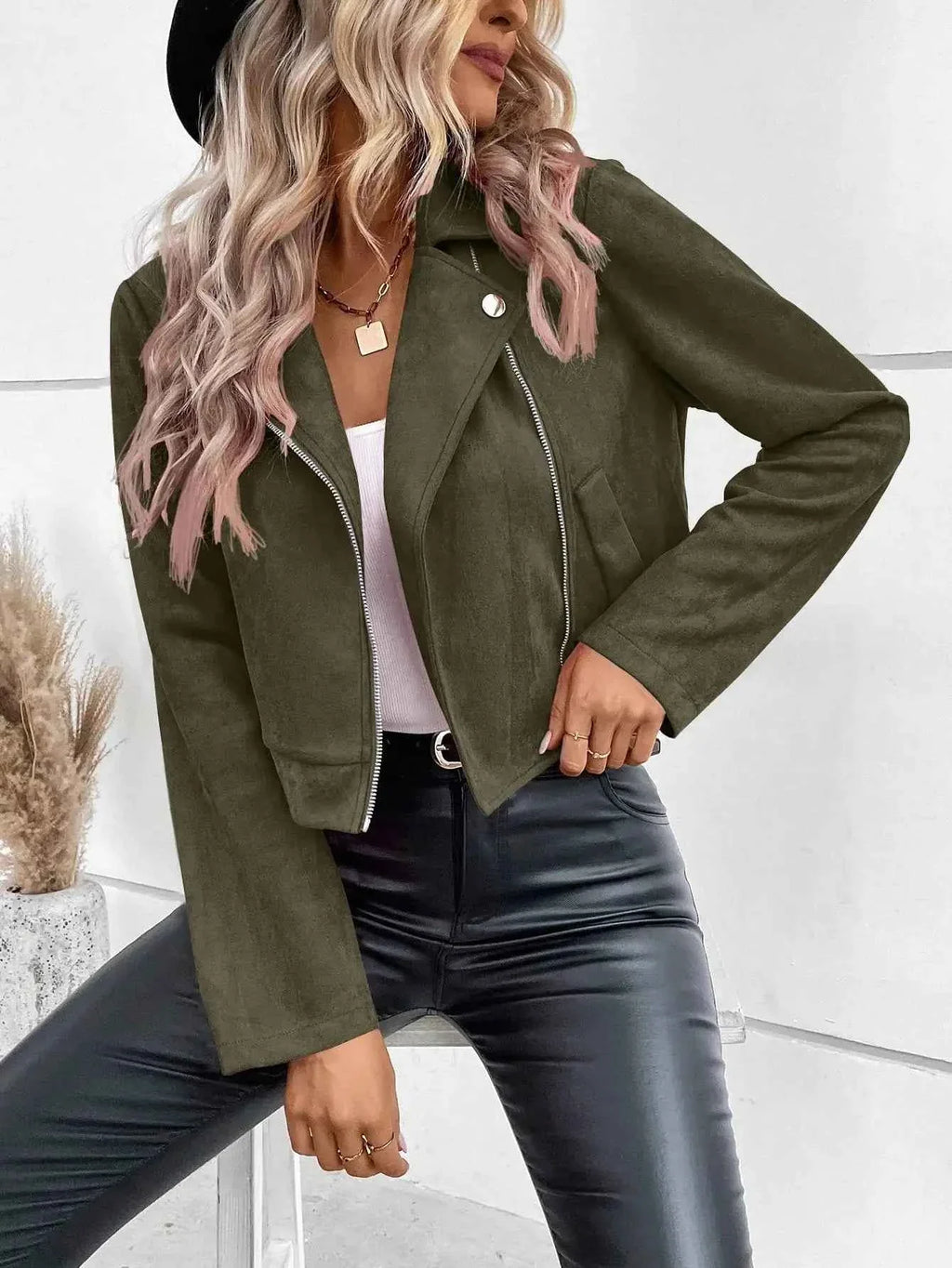 Faux Suede Women's Bomber Jacket Zipper