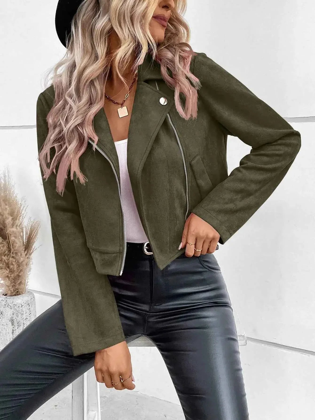 Faux Suede Women's Bomber Jacket Zipper