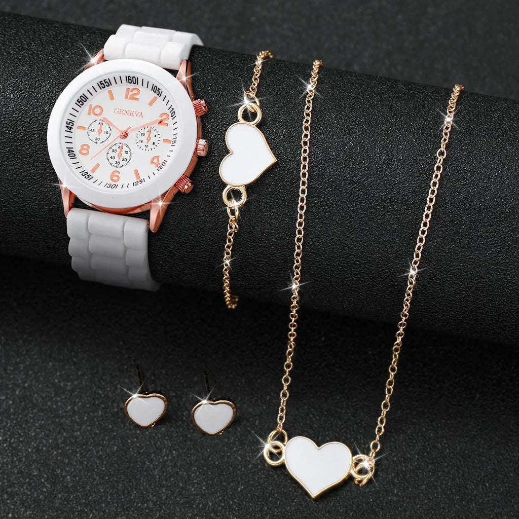 5/6-Piece Women's Quartz Watch Jewelry Gift Set – Silicone Band Watch with Bracelet, Necklace & Earrings