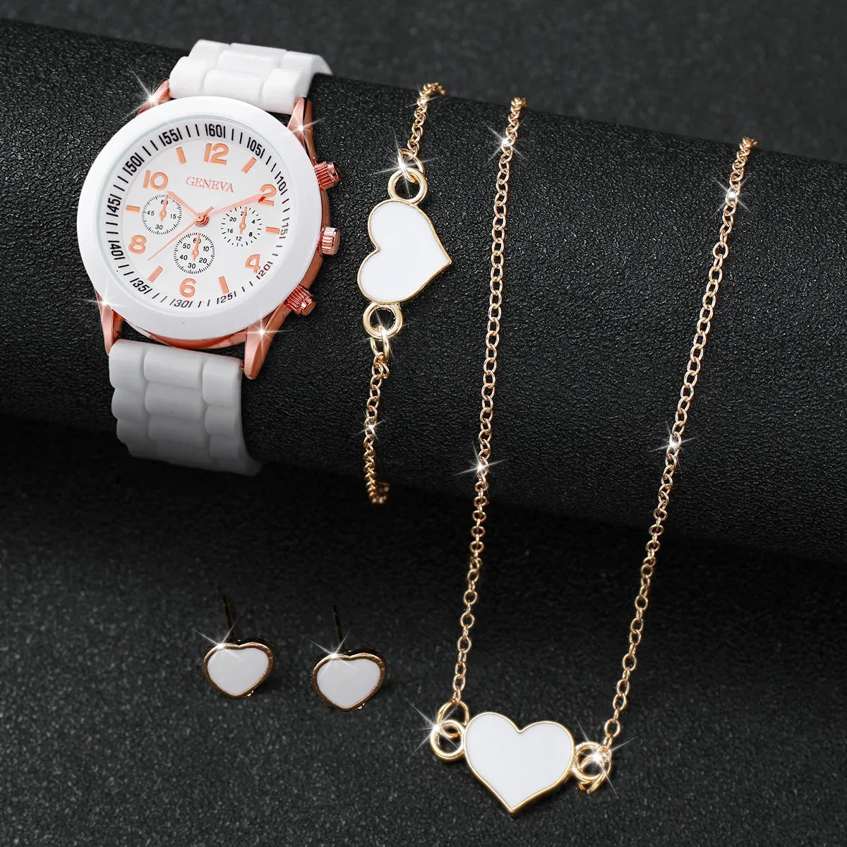 5/6-Piece Women's Quartz Watch Jewelry Gift Set – Silicone Band Watch with Bracelet, Necklace & Earrings