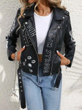 Women's Faux PU Leather Jacket Casual Lady Lapel Zipper Graffiti Print
