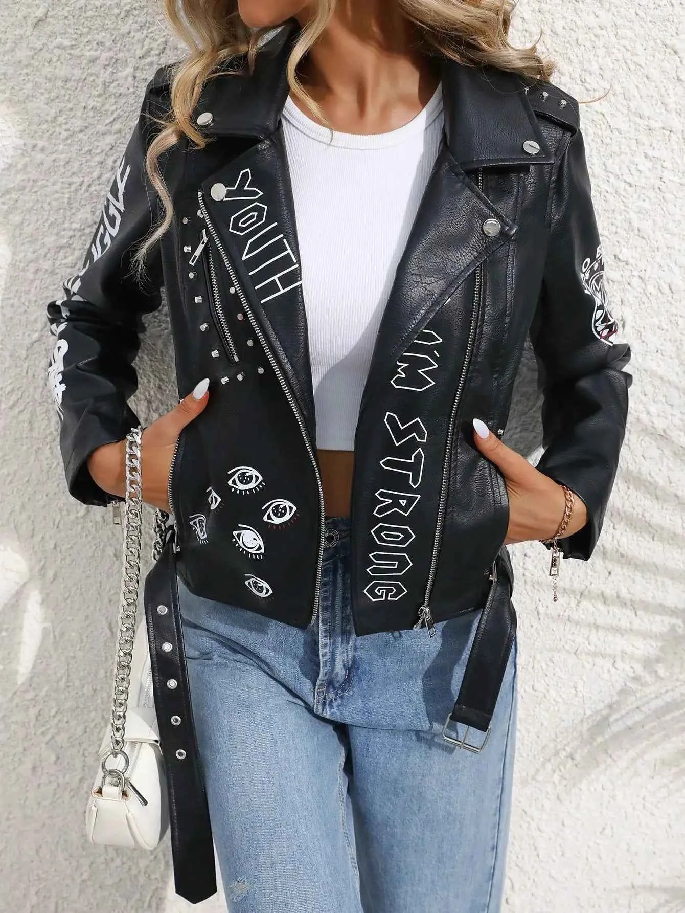 Women's Faux PU Leather Jacket Casual Lady Lapel Zipper Graffiti Print