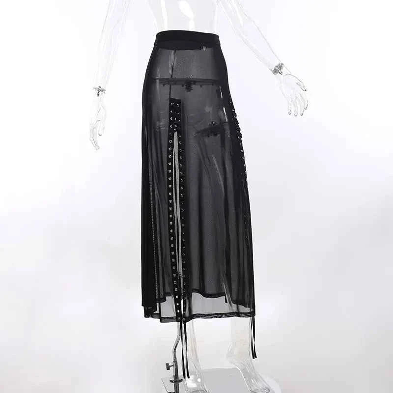 Goth Mesh Side Slit Skirt Lace Up