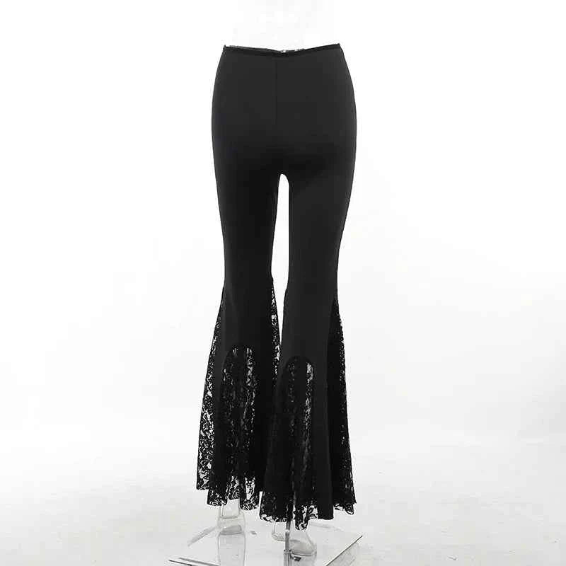 Goth Mall Flare Jeans Sexy Black Lace Patchwork High Waist Vintage Punk Grunge Streetwear