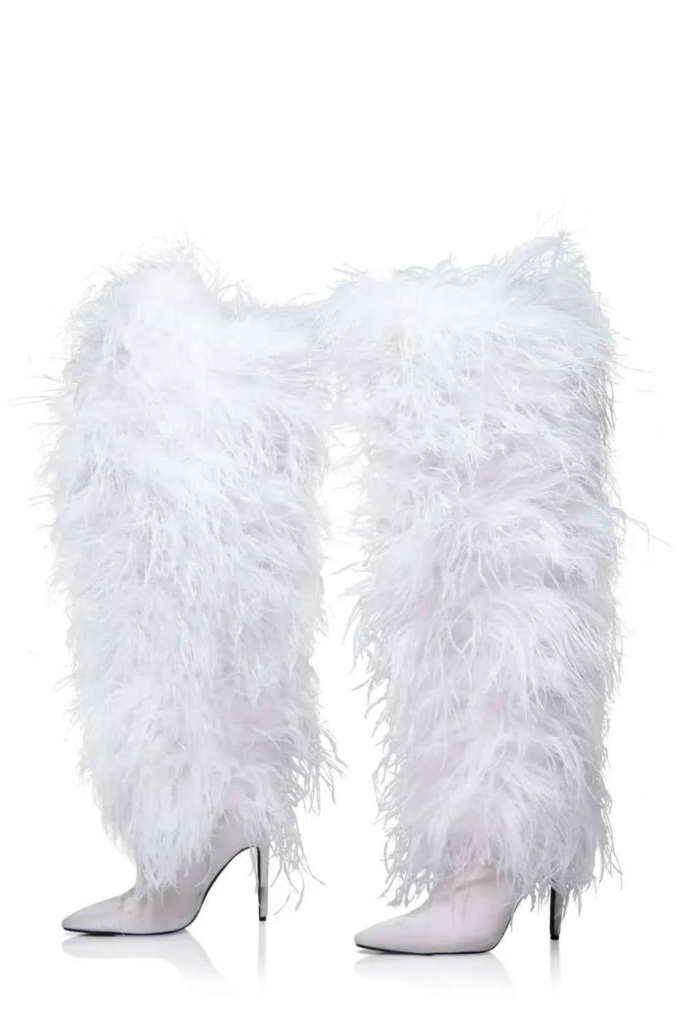 Feather Stiletto Heels Over-the-Knee Boots Plush Fluffy Feather