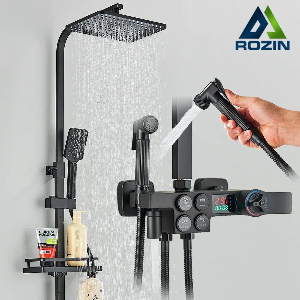 DecorBites™ Gold Thermostatic Shower Faucet Set: Smart Digital Mixer, Wall Mounted Rainfall System