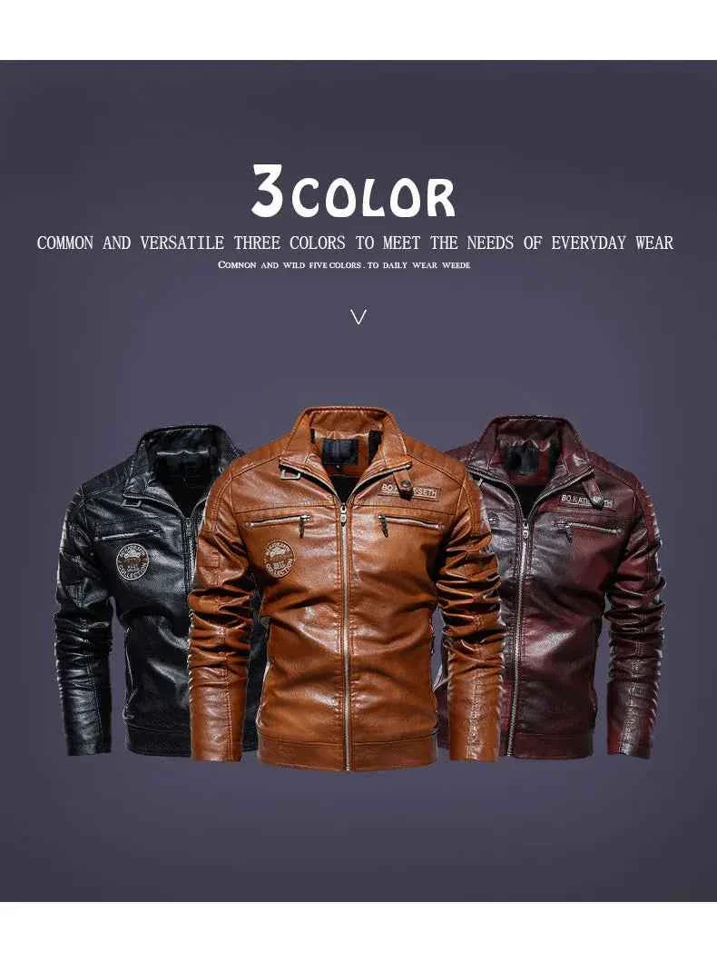 Leather Coat Men Winter Fleece Motorcycle Faux Leather  Removable Fur Collar