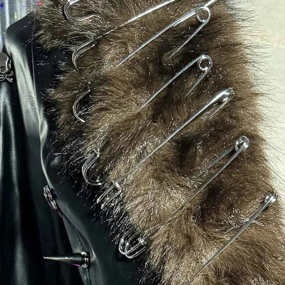 Grunge Goth Hand Made Punk Rock Studded Y2K Vegan Leather Faux Fur Jacket Pin