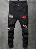 Men's slim fit embroidered elastic straight denim pants
