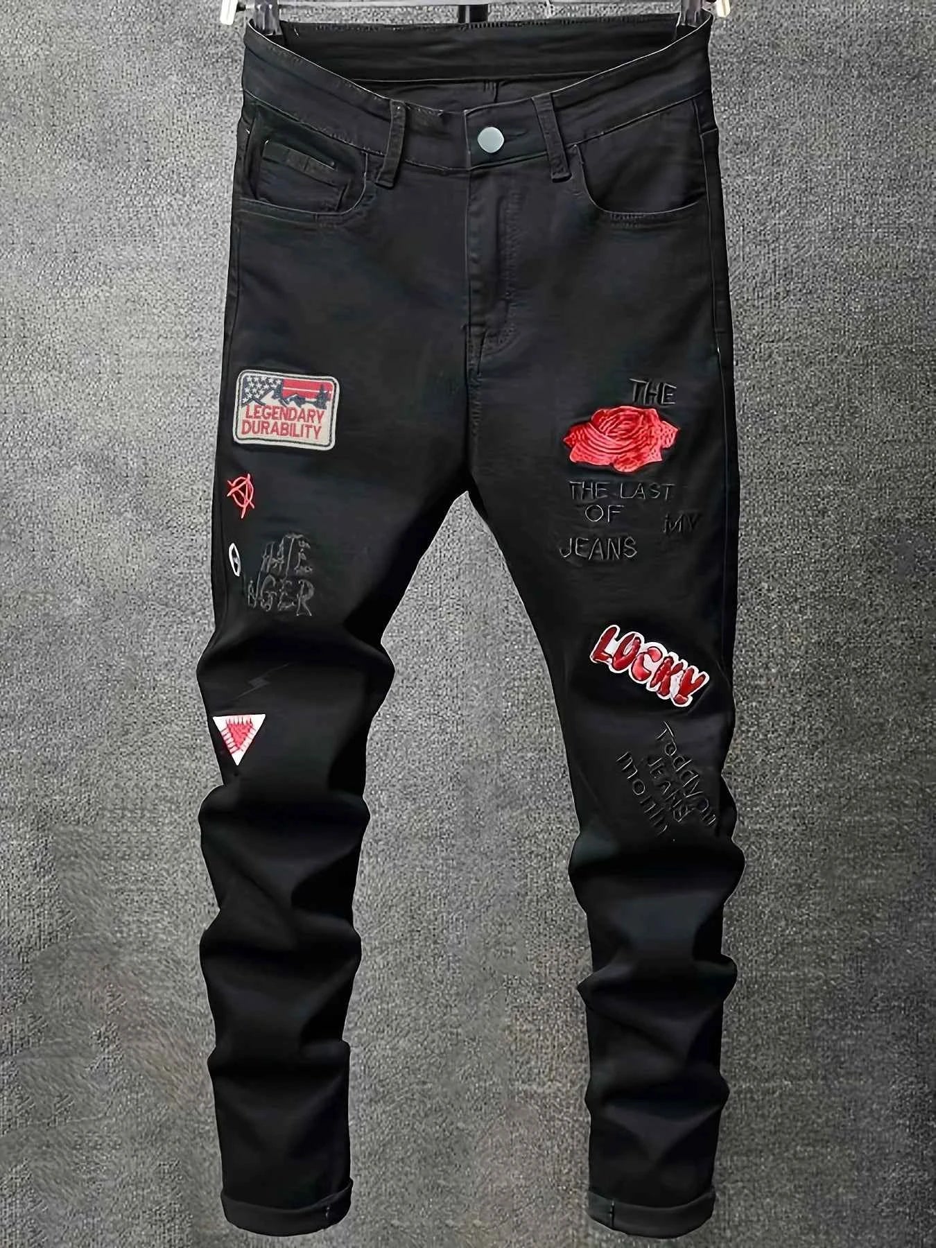 Men's slim fit embroidered elastic straight denim pants